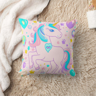 Pink Cute Rainbow unicorn birthday girls  kids Throw Pillow