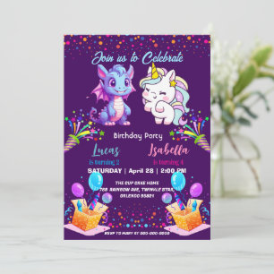 Pink Cute Rainbow Unicorn dinosaurs 2nd Birthday  Invitation