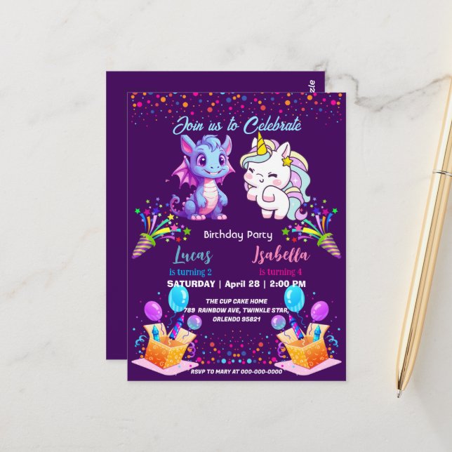 Pink Cute Rainbow Unicorn dinosaurs 2nd Birthday  Postcard (Front/Back In Situ)