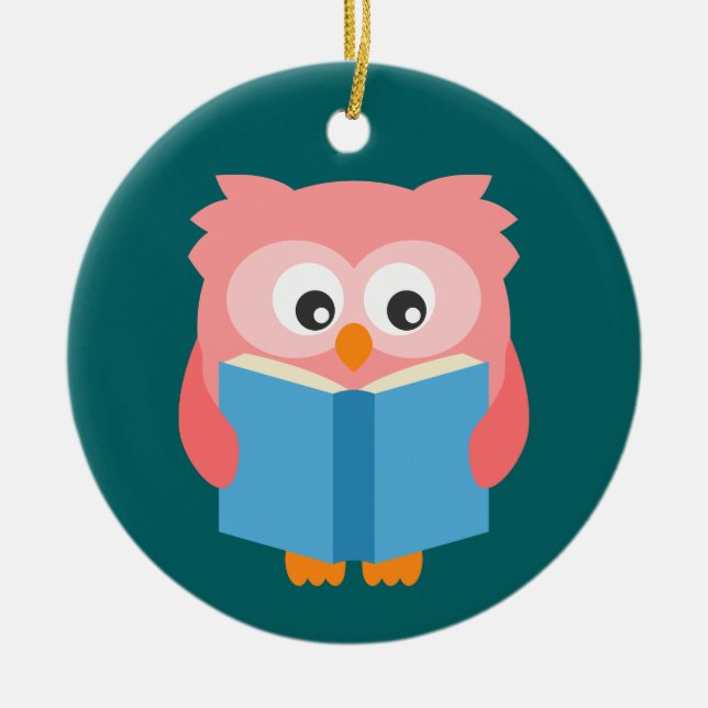 Pink cute reading owl ceramic ornament (Front)