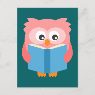 Pink cute reading owl postcard