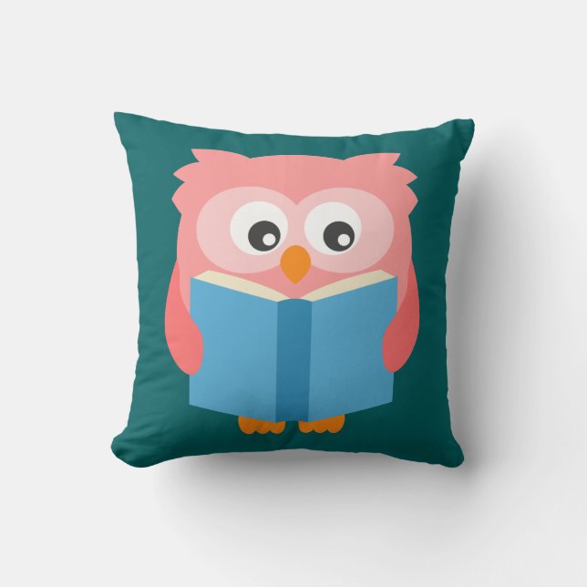 Pink cute reading owl throw pillow (Front)