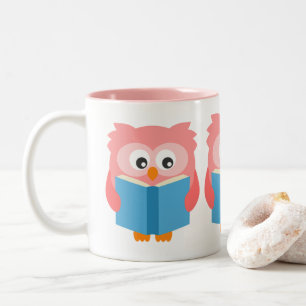 Pink cute reading owl Two-Tone coffee mug