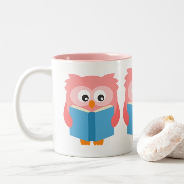 Pink cute reading owl Two-Tone coffee mug (With Donut)