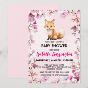 Pink Cute Red fox wild flowers baby shower kids Invitation