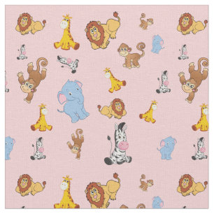 pink Cute safari animal pattern - Giraffe, elephan Fabric