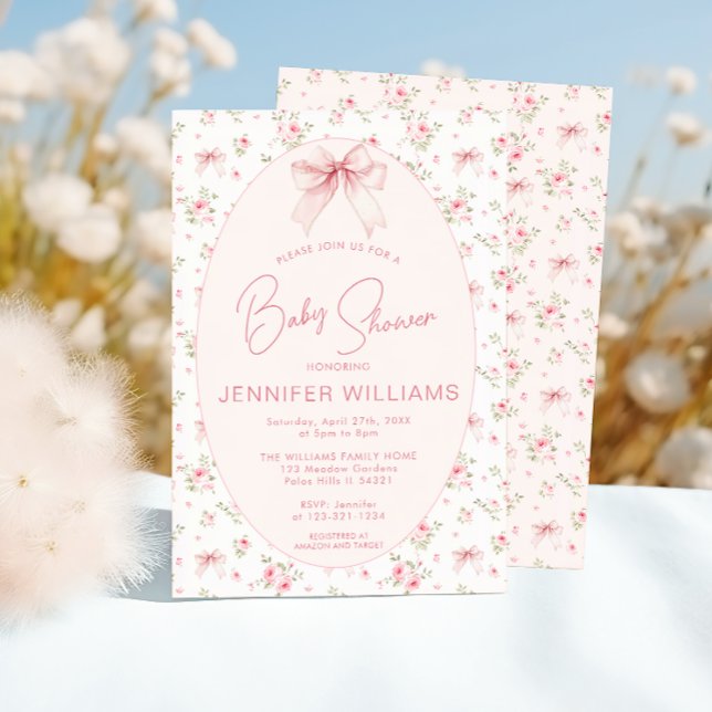 Pink Cute Shabby Chic Rose Bow  Baby Girl Shower Invitation (Creator Uploaded)