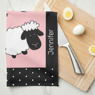 Pink Cute Sheep Illustration Monogrammed Kitchen Towel
