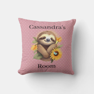 Pink Cute Sloth With Sunflowers Throw Pillow