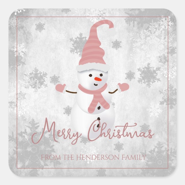 Pink Cute Snowman Christmas Sticker (Front)