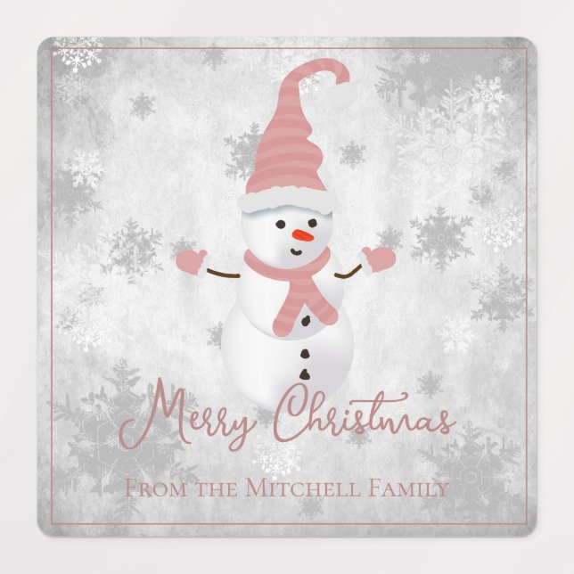 Pink Cute Snowman Étiquettes de cuisine de vacance (Design 1)