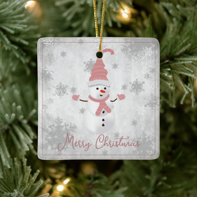 Pink Cute Snowman Holiday Ornament (Tree)