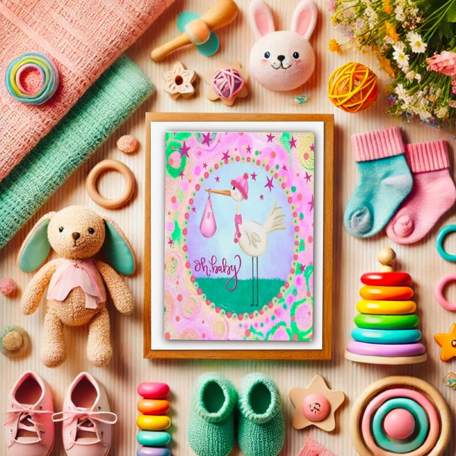 Pink Cute Stork Whimsical Oh Baby Girl Card (Creator Uploaded)