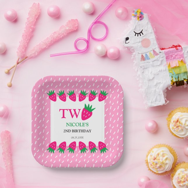 Pink Cute Strawberry Berry Sweet 2nd Birthday Paper Plate (Party)