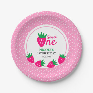 Pink Cute Strawberry Girl 1st Birthday Paper Plate