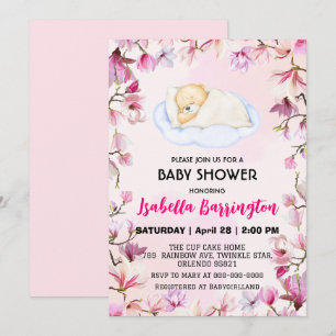 Pink Cute teddy Bear cub flowers baby shower kids Invitation