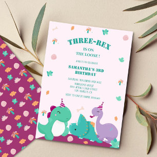 Pink Cute three-rex 3rd dinosaur birthday  Invitation