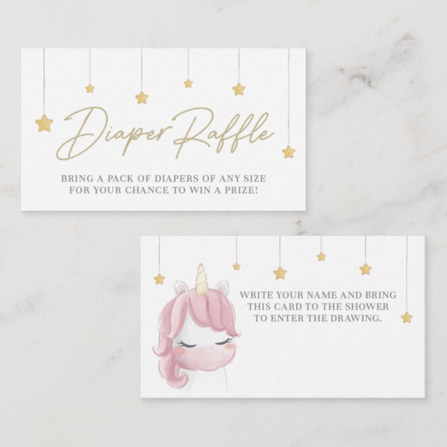Pink Cute Unicorn Baby Shower Diaper Raffle Card (Front/Back)