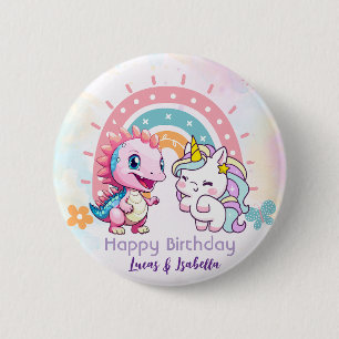 Pink Cute Unicorn dinosaurs rainbow Birthday party 2 Inch Round Button