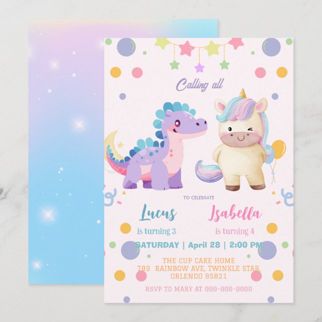 Pink Cute Unicorn dinosaurs rainbow Birthday party Invitation (Front/Back)
