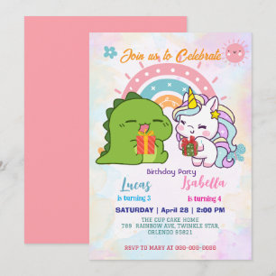 Pink Cute Unicorn dinosaurs rainbow Birthday party Invitation
