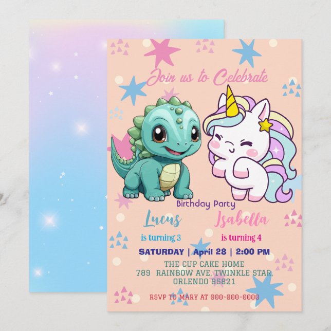 Pink Cute Unicorn dinosaurs rainbow Birthday party Invitation (Front/Back)