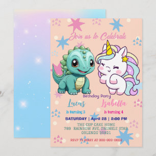 Pink Cute Unicorn dinosaurs rainbow Birthday party Invitation