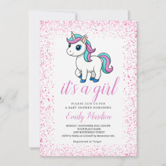 Pink cute watercolor unicorn baby shower invitation