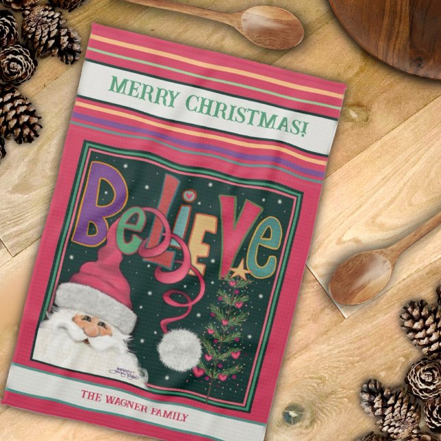 Pink Cute Whimsical Santa Personalized Christmas  Kitchen Towel (Creator Uploaded)