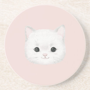 Pink Cute White Kitty Cat Face Coaster
