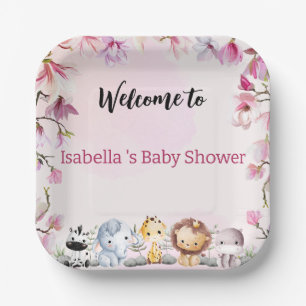 Pink Cute wild cub safari flower baby shower kids Paper Plate
