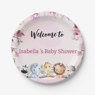 Pink Cute wild cub safari flower baby shower kids Paper Plate