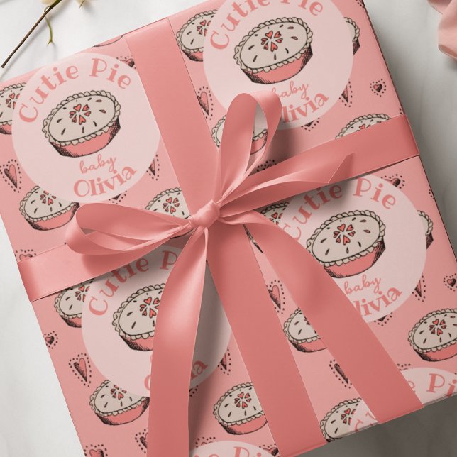 Pink Cutie Pie Baby Girl Wrapping Paper (A Little Cutie Pie Baby Shower Wrapping Paper in Pink. Hand Drawn Pie & Cute Hearts for Fall, Autumn)