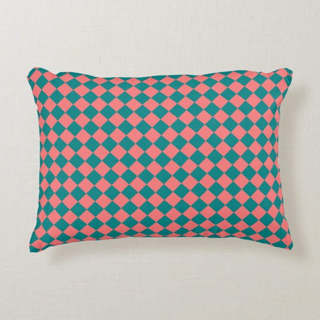 Pink Cyan Chequered Diamond Pattern Accent Pillow (Front)