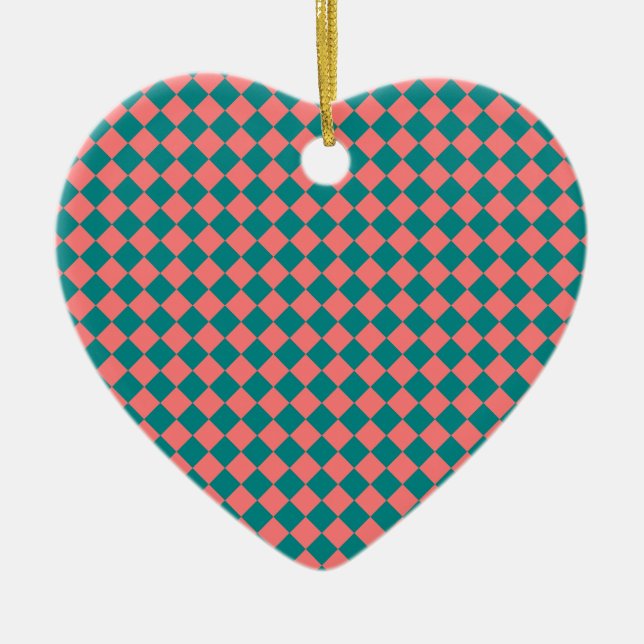 Pink Cyan Chequered Diamond Pattern Ceramic Ornament (Front)