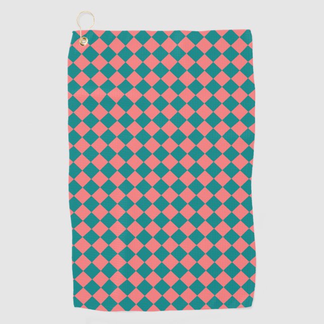 Pink Cyan Chequered Diamond Pattern Golf Towel (Front)