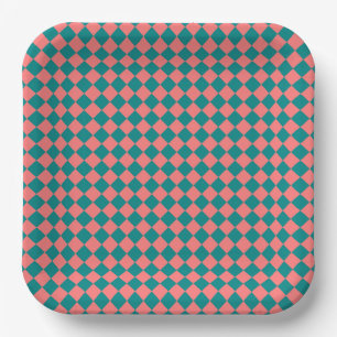 Pink Cyan Chequered Diamond Pattern Paper Plate