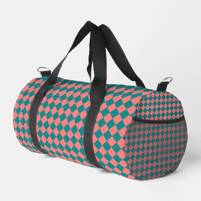 Pink Cyan Chequered Diamond Pattern Small Duffle Bag (Right Corner)