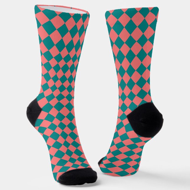Pink Cyan Chequered Diamond Pattern Socks (Angled)