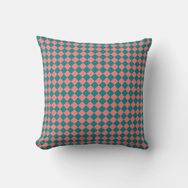 Pink Cyan Chequered Diamond Pattern Throw Pillow (Front)