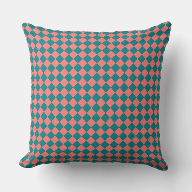 Pink Cyan Chequered Diamond Pattern Throw Pillow (Front)