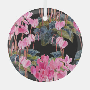 Pink Cyclamen: Dark Floral Watercolor Glass Ornament