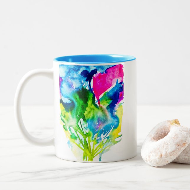 Pink Cyclamen flower abstract watercolor Two-Tone Coffee Mug (With Donut)