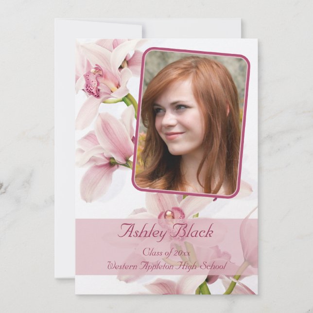 Pink Cymbidium Orchid Photo Graduation Invitation (Front)