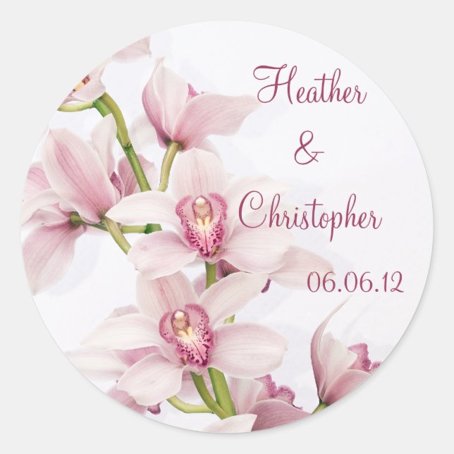 Pink Cymbidium Orchid Wedding Stickers (Front)