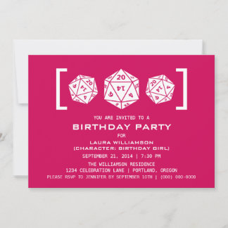 Pink D20 Dice Gamer Birthday Party Invite