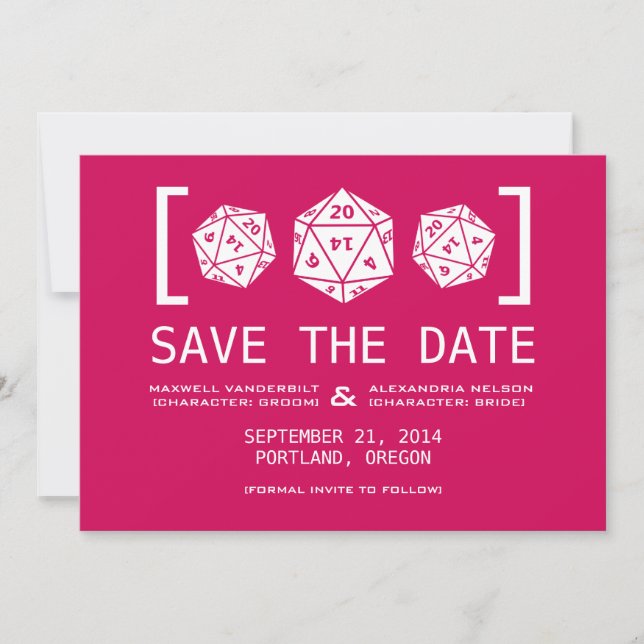 Pink D20 Dice Gamer Save the Date Invite (Front)