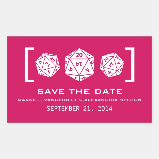 Pink D20 Dice Gamer Save the Date Stickers (Front)