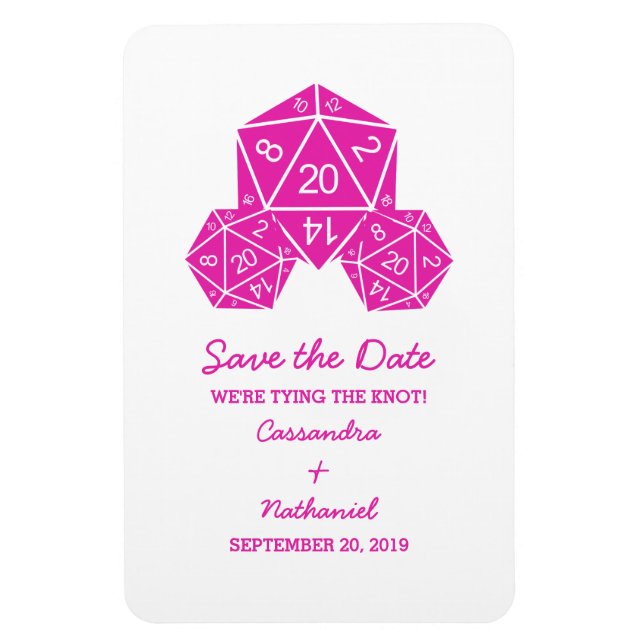 Pink D20 Dice Save the Date Magnet (Vertical)