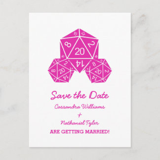 Pink D20 Dice Save the Date Postcard